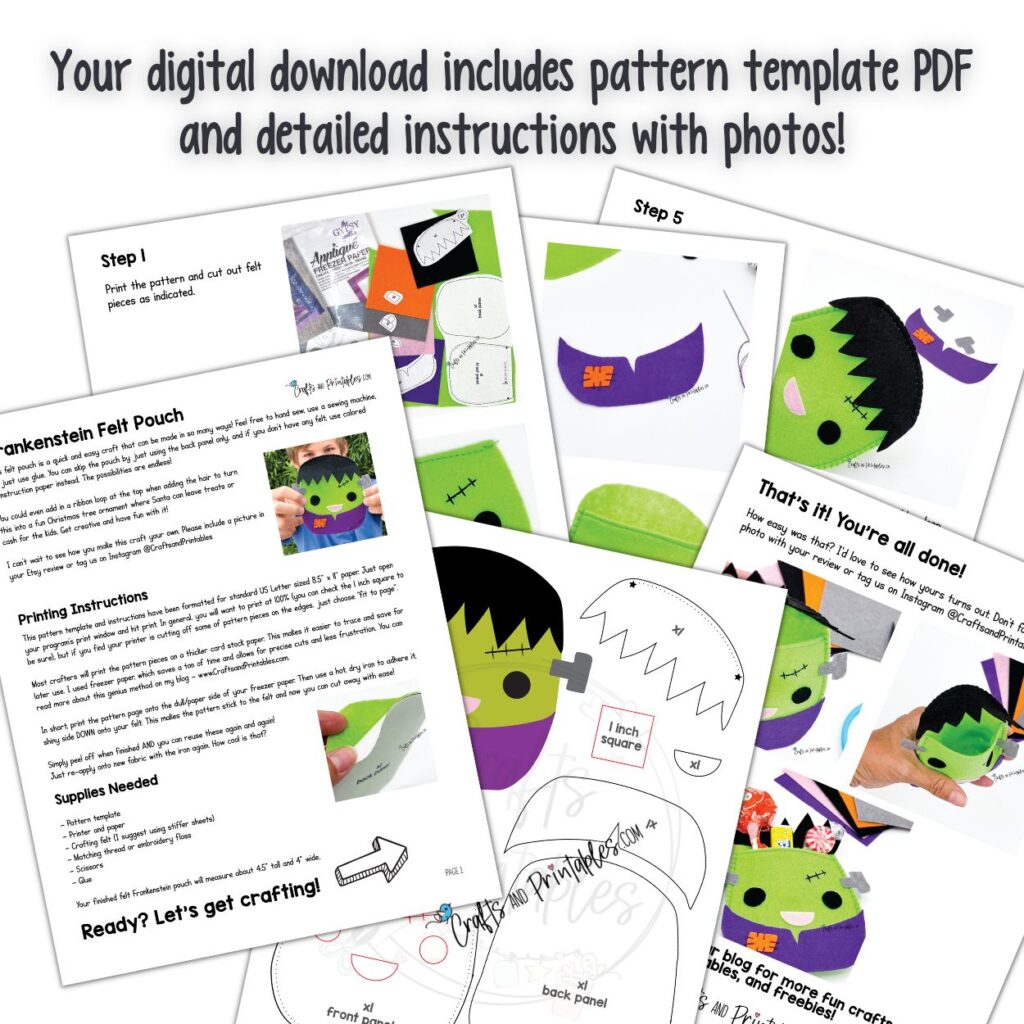 Halloween Felt Craft Frankenstein Pouch pattern template download